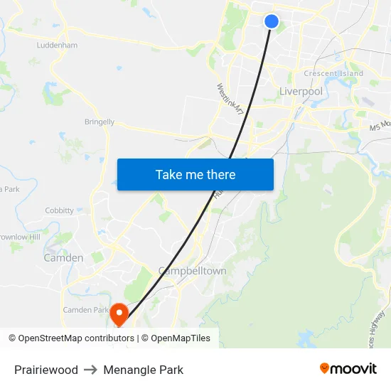 Prairiewood to Menangle Park map