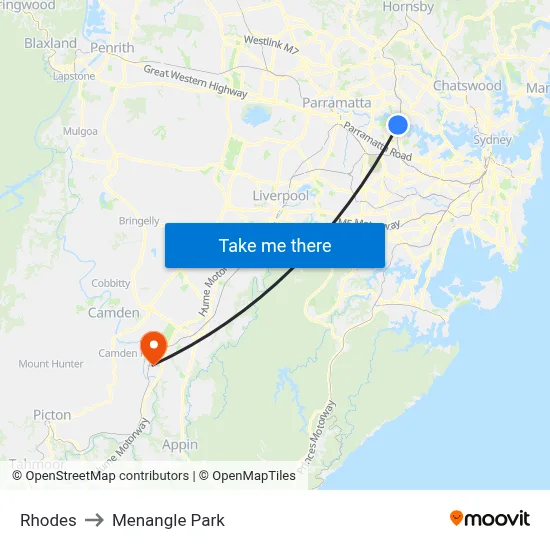 Rhodes to Menangle Park map
