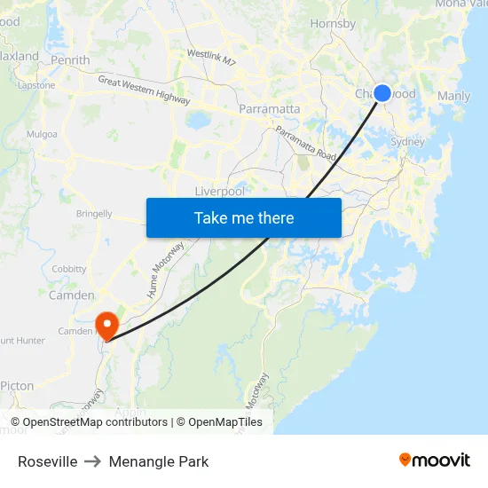 Roseville to Menangle Park map