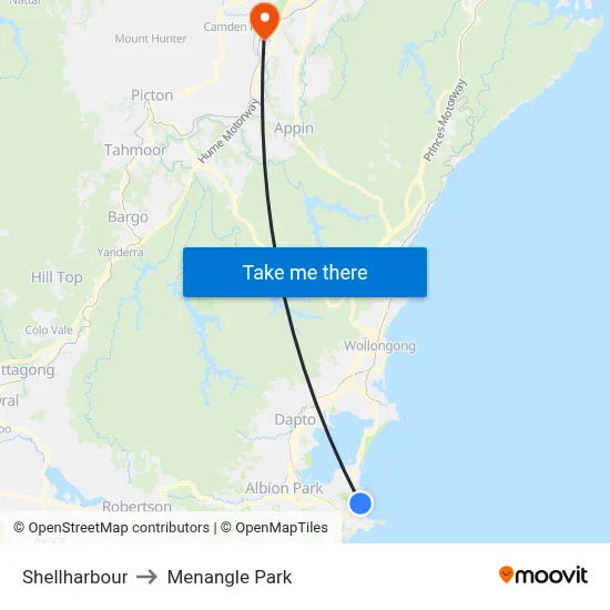 Shellharbour to Menangle Park map