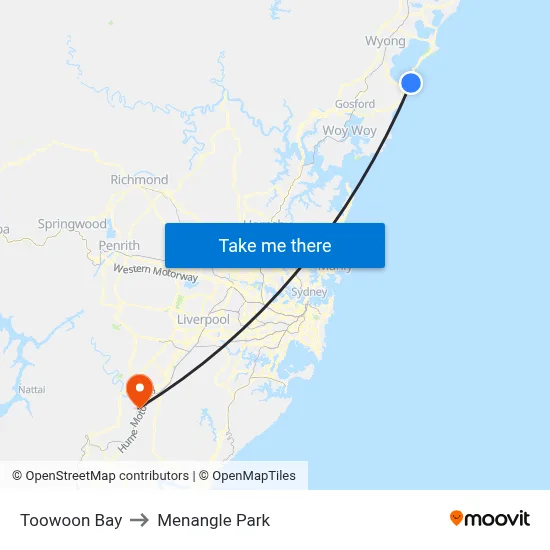 Toowoon Bay to Menangle Park map