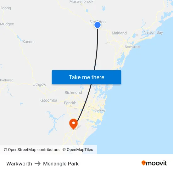 Warkworth to Menangle Park map