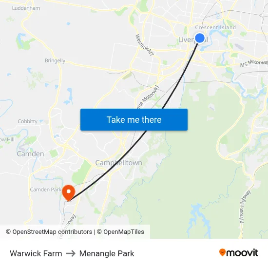 Warwick Farm to Menangle Park map
