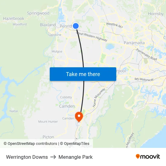 Werrington Downs to Menangle Park map