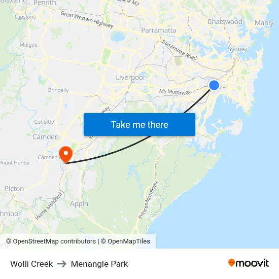 Wolli Creek to Menangle Park map