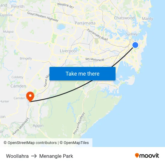 Woollahra to Menangle Park map