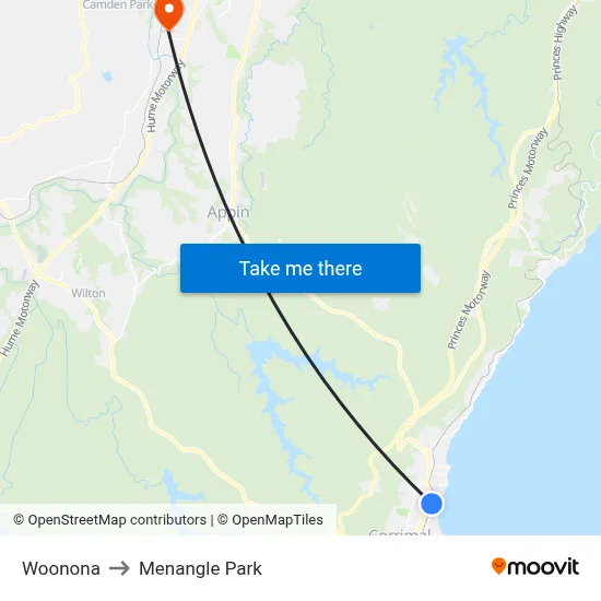 Woonona to Menangle Park map