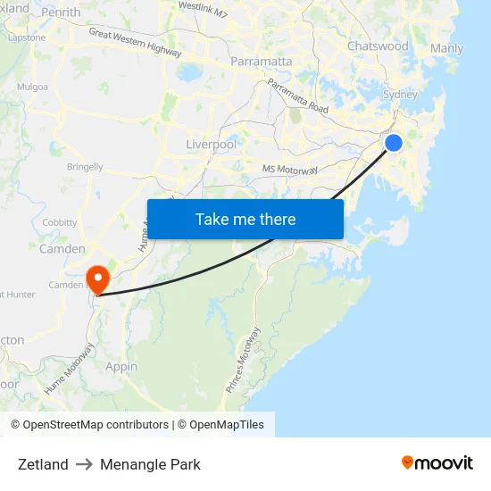 Zetland to Menangle Park map