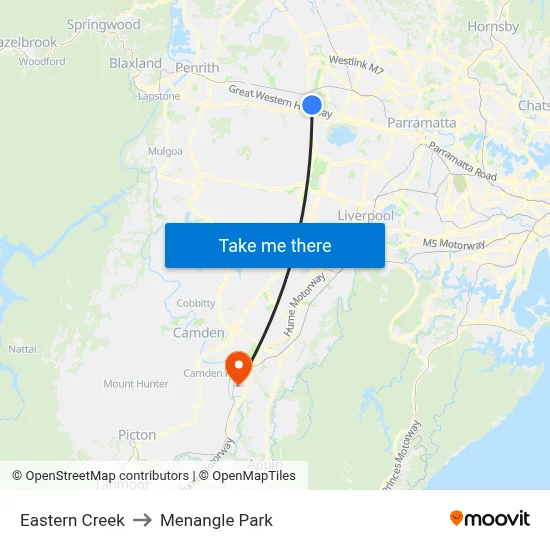 Eastern Creek to Menangle Park map