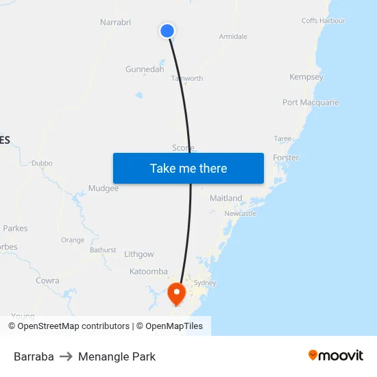 Barraba to Menangle Park map