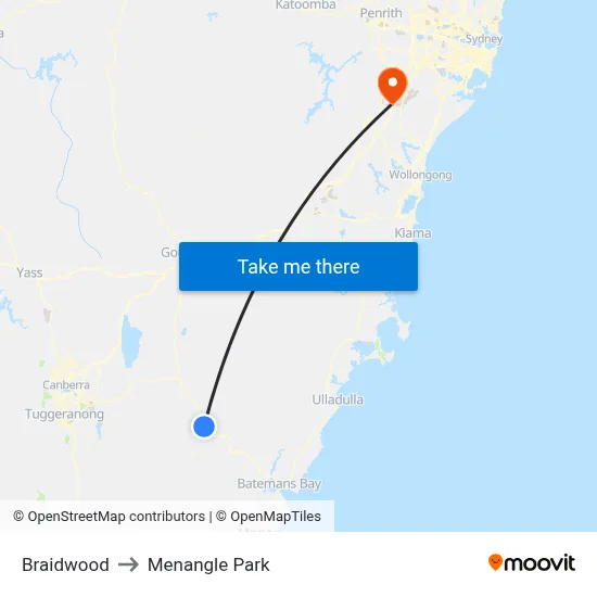 Braidwood to Menangle Park map