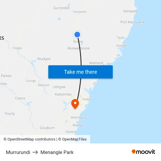 Murrurundi to Menangle Park map