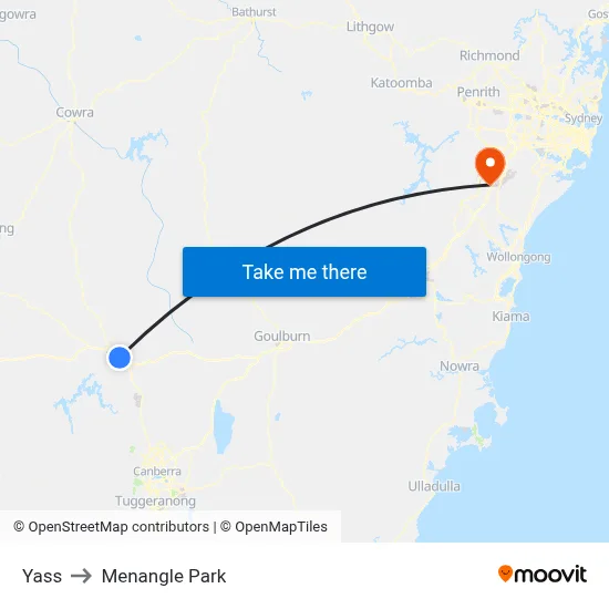 Yass to Menangle Park map