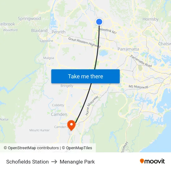 Schofields Station to Menangle Park map