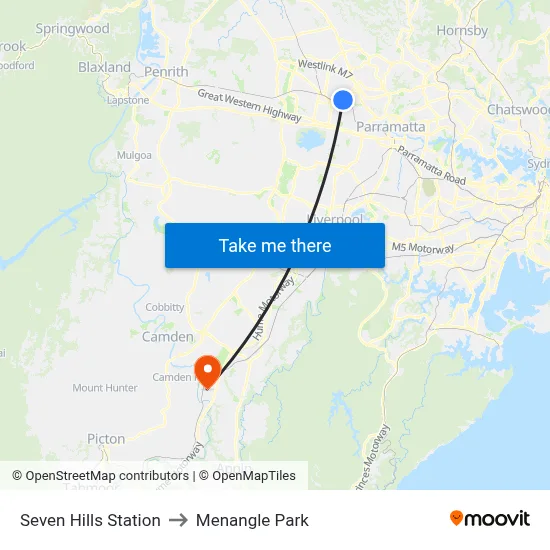Seven Hills Station to Menangle Park map