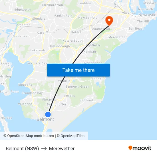 Belmont (NSW) to Merewether map