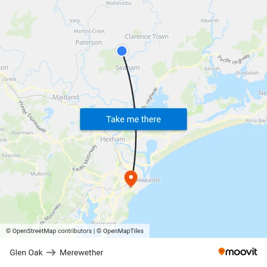 Glen Oak to Merewether map