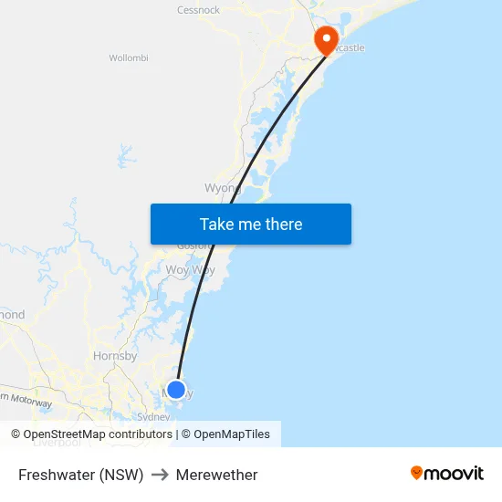 Freshwater (NSW) to Merewether map