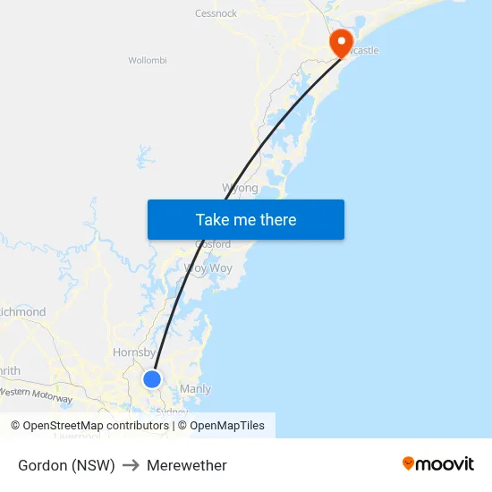 Gordon (NSW) to Merewether map