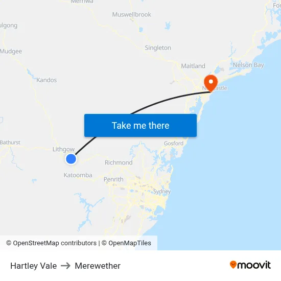 Hartley Vale to Merewether map