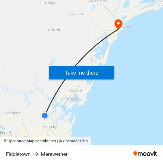Fiddletown to Merewether map