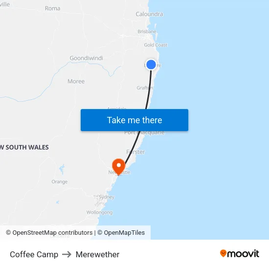 Coffee Camp to Merewether map