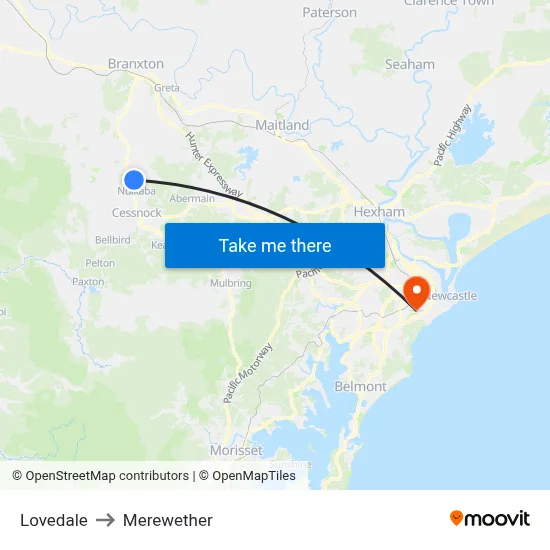 Lovedale to Merewether map