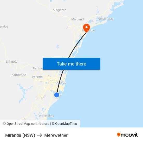 Miranda (NSW) to Merewether map