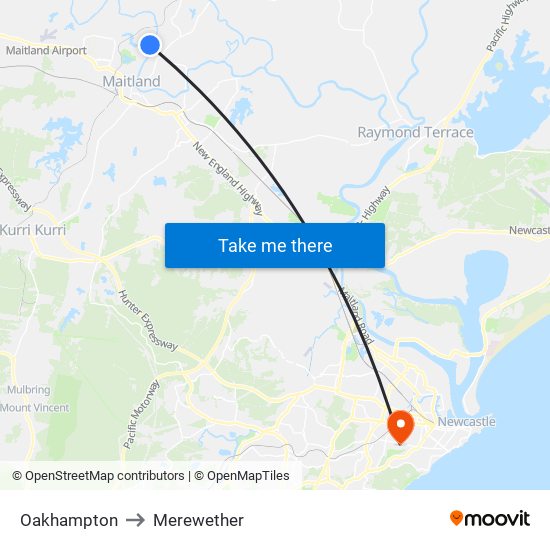 Oakhampton to Merewether map