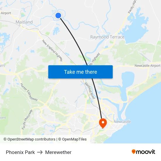 Phoenix Park to Merewether map