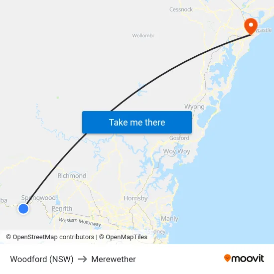 Woodford (NSW) to Merewether map
