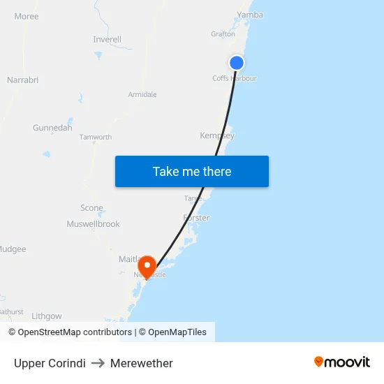 Upper Corindi to Merewether map