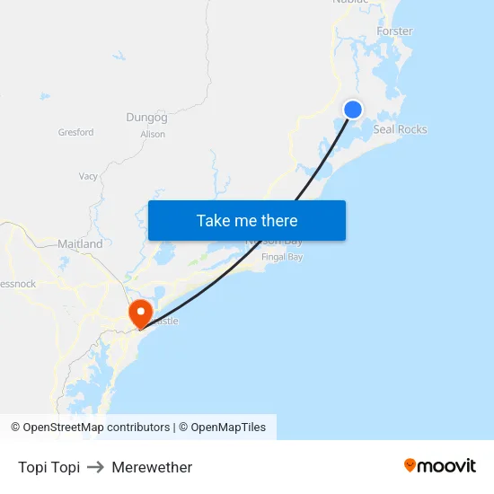 Topi Topi to Merewether map