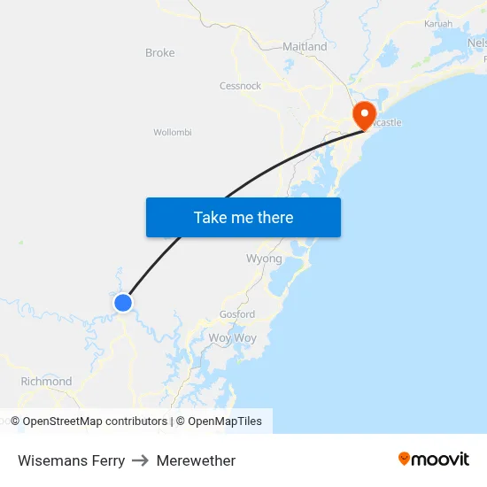 Wisemans Ferry to Merewether map