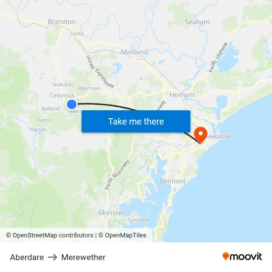 Aberdare to Merewether map