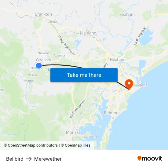Bellbird to Merewether map