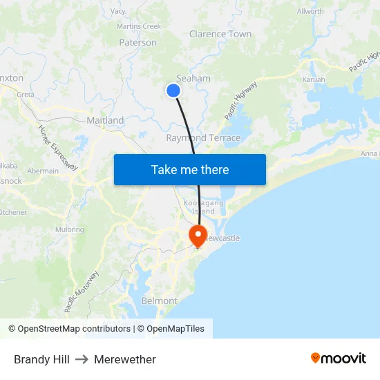 Brandy Hill to Merewether map