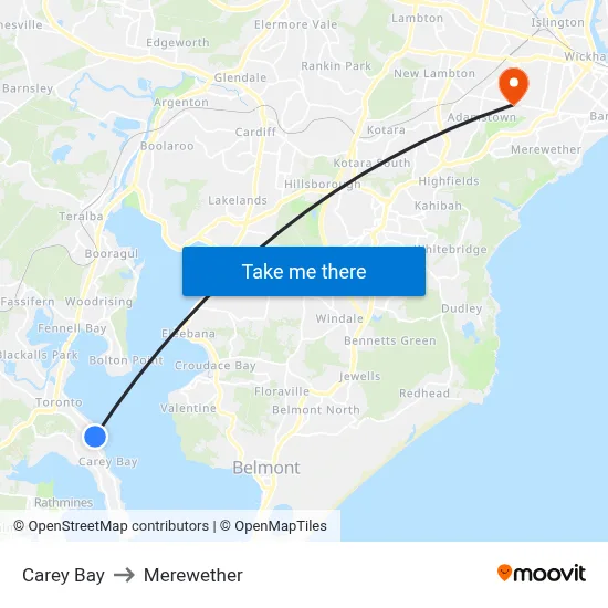 Carey Bay to Merewether map