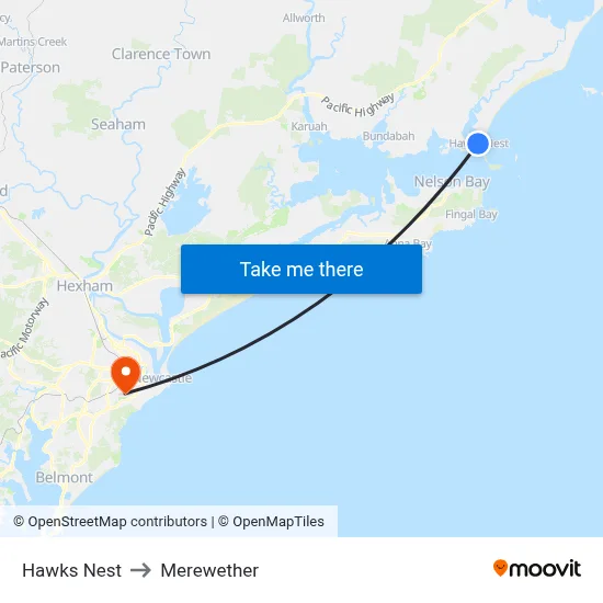 Hawks Nest to Merewether map