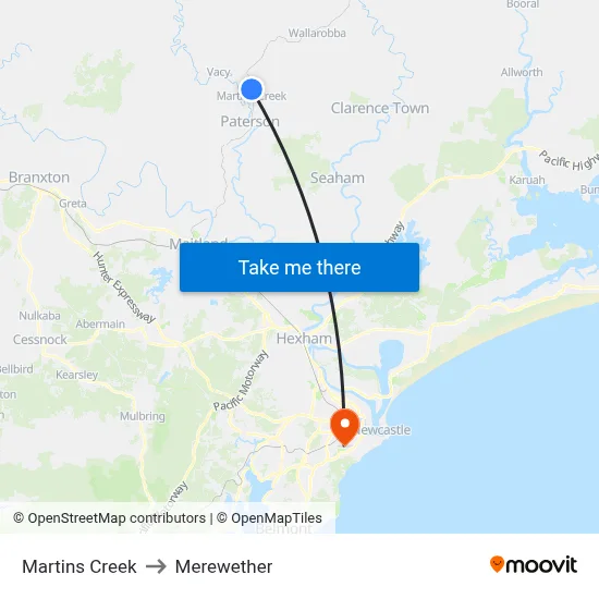 Martins Creek to Merewether map