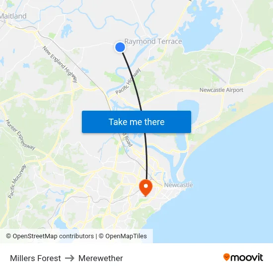 Millers Forest to Merewether map