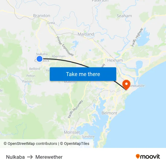Nulkaba to Merewether map