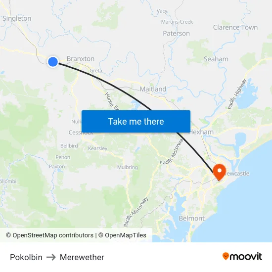 Pokolbin to Merewether map