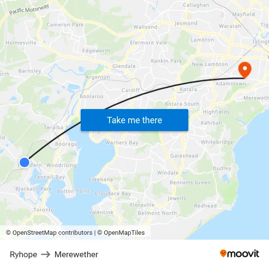 Ryhope to Merewether map
