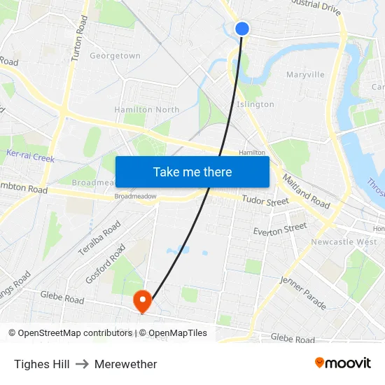 Tighes Hill to Merewether map