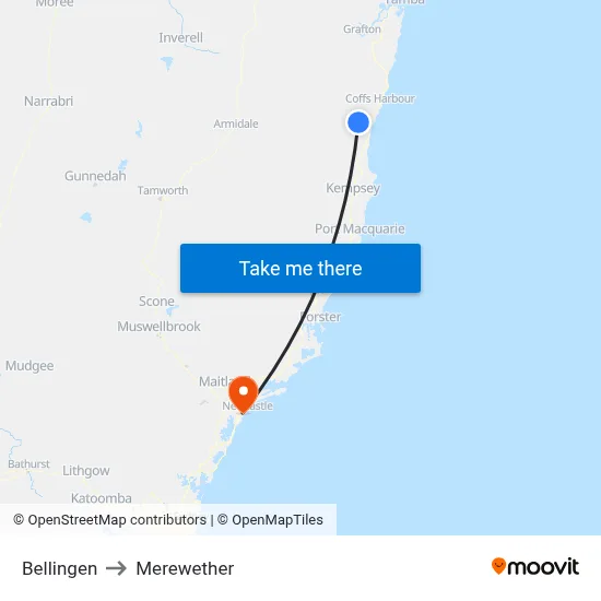 Bellingen to Merewether map