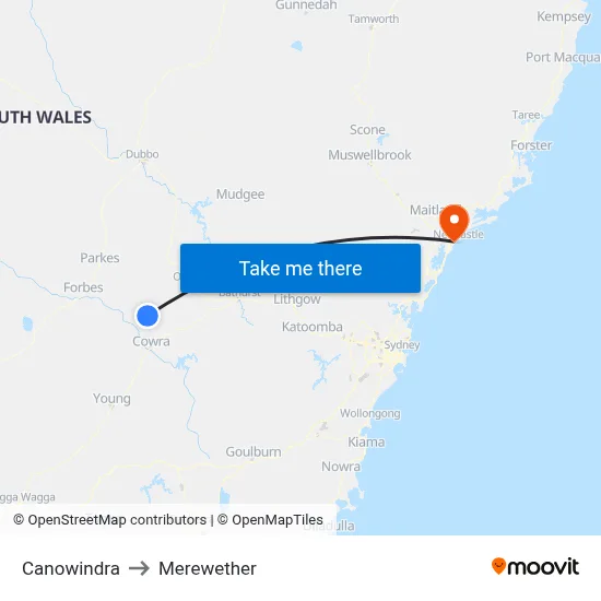 Canowindra to Merewether map