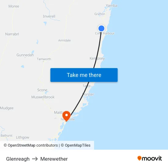 Glenreagh to Merewether map