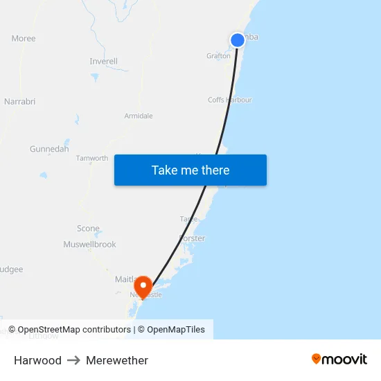 Harwood to Merewether map
