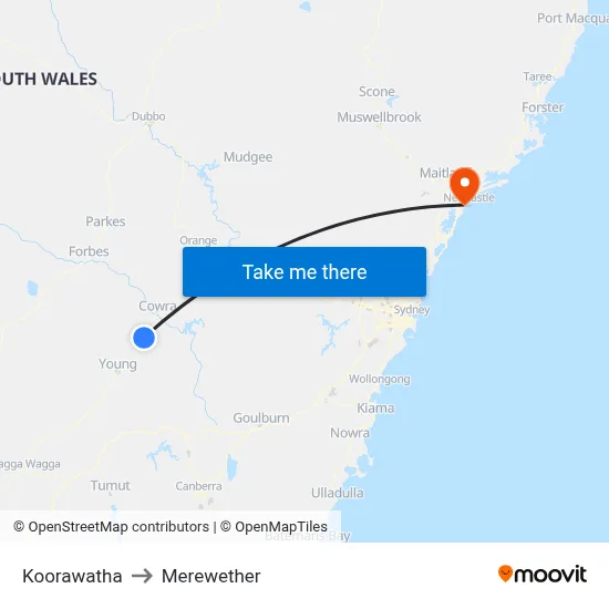 Koorawatha to Merewether map